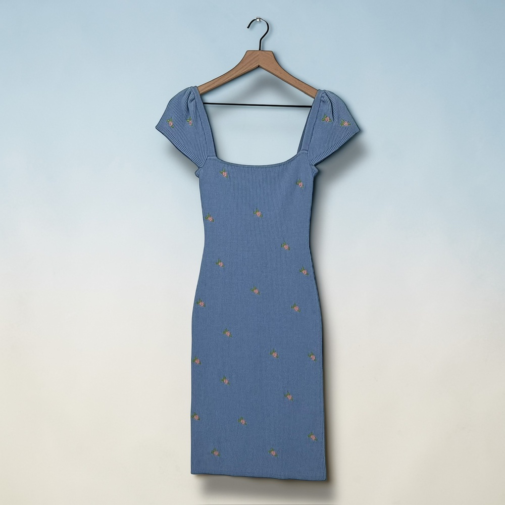 LPA Badass Angel Princess Rose Embroidered Ribbed Midi Dress Blue S